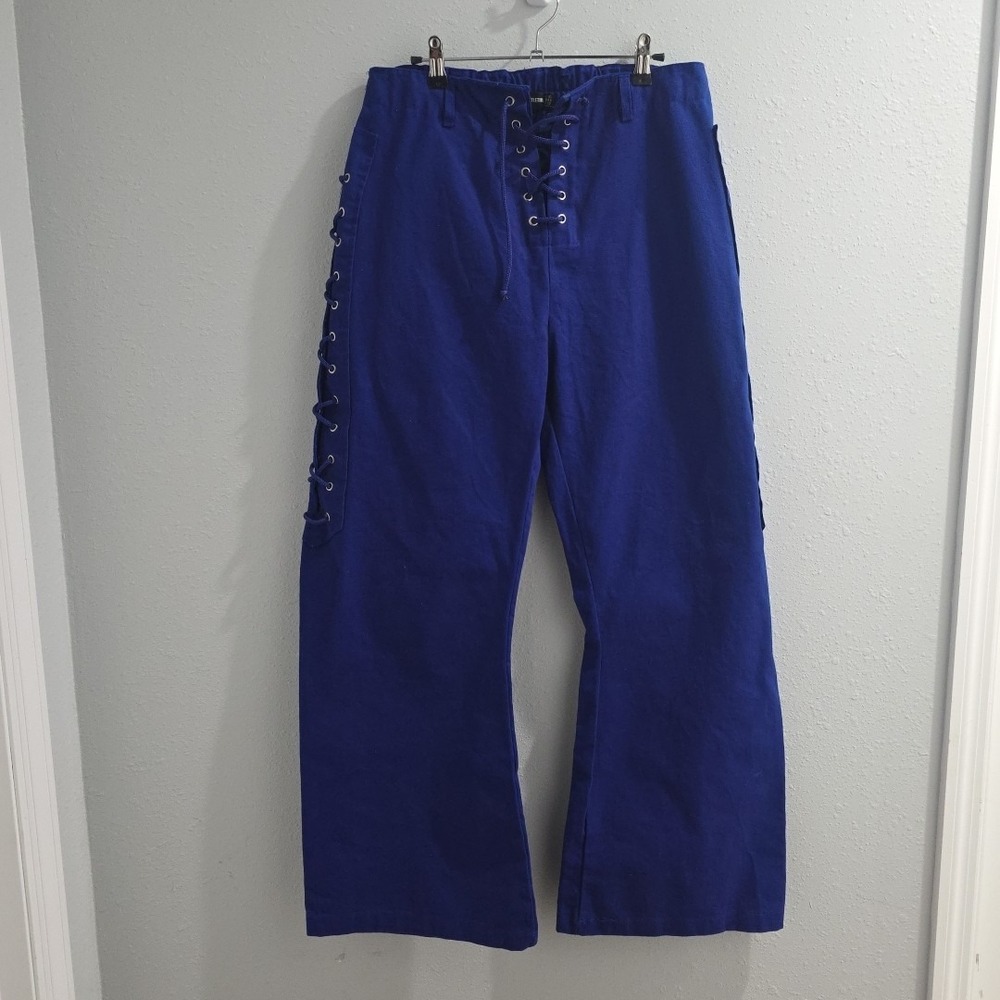 Pretty Little Thing Wide Leg Tie Trousers Blue Pull On Tie Waist Paints size 12